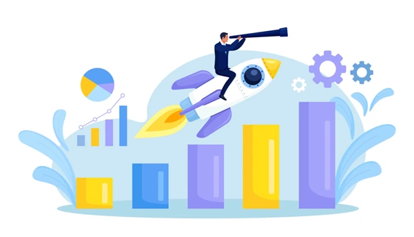 Illustration of a businessman on a rocket launching over graphs, symbolizing a successful website launch and business growth Illustration of a businessman on a rocket launching over graphs, symbolizing a successful website launch and business growth