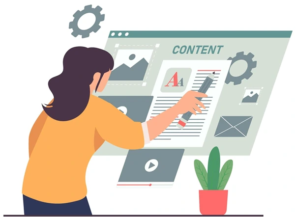 Illustration of a designer adding text and images to a website layout, representing the content integration phase of web design Illustration of a designer adding text and images to a website layout, representing the content integration phase of web design