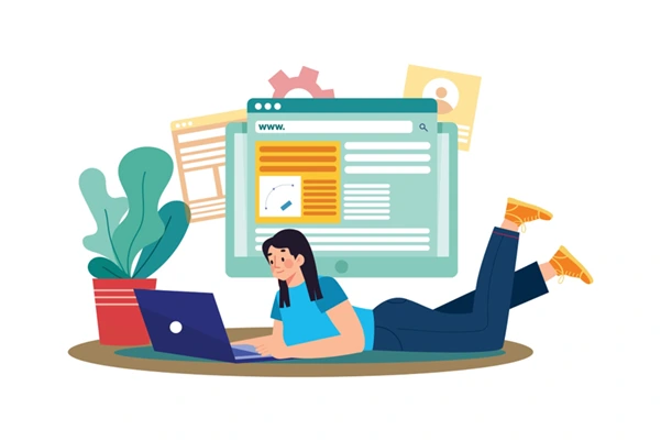Illustration of a woman with a laptop designing a website representing the initial web design phase