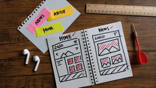 A sketchbook with wireframes of a website layout, illustrating the planning phase of web design.