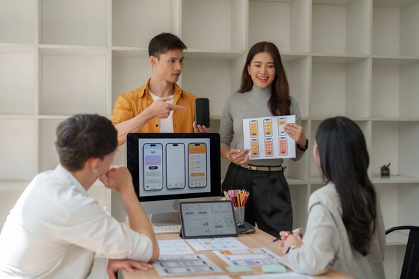 A team of UI/UX designers reviewing mobile layouts.