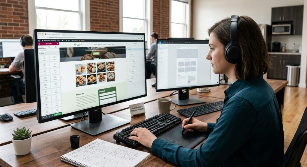 Woman wearing headphones working at a dual-monitor desk editing a small business bakery website on WordPress using a graphics tablet