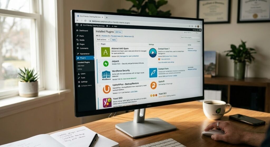 Desktop computer on a wooden home office desk displaying a WordPress admin plugins page with Yoast SEO, Wordfence, UpdraftPlus, and Contact Form 7 installed