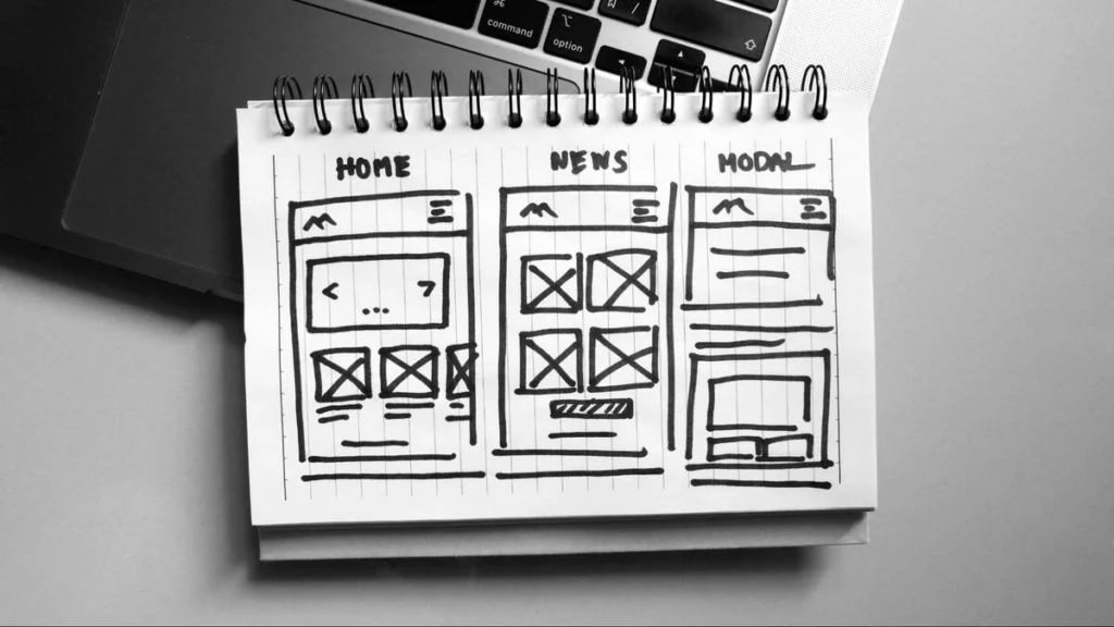 Hand-drawn website wireframe sketches on a notepad showing home, news, and modal page layouts